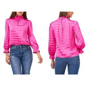 State Mock Neck Shadow Stripe Satin Blouse In Bright Mulberry Size …